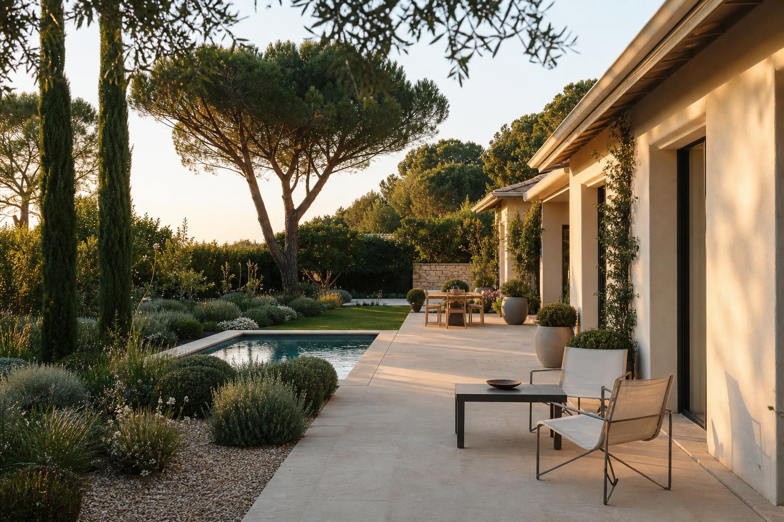 Jardin de ville haut de gamme avec terrasse paysagée dans le Pays d’Aix