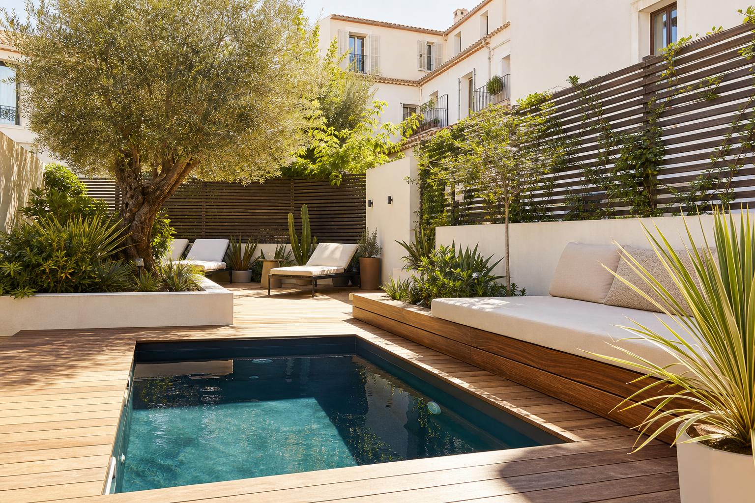 Mini piscine intégrée dans un petit jardin paysager à Marseille