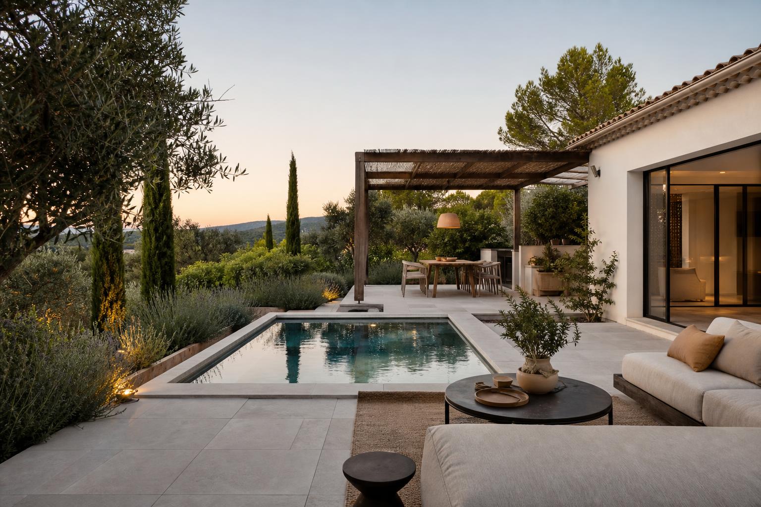 Mini-piscine intégrée dans un jardin méditerranéen avec terrasse ombragée en Provence
