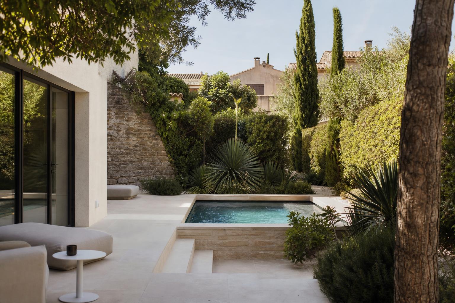 Mini-piscine paysagée intégrée dans un petit jardin méditerranéen à Avignon