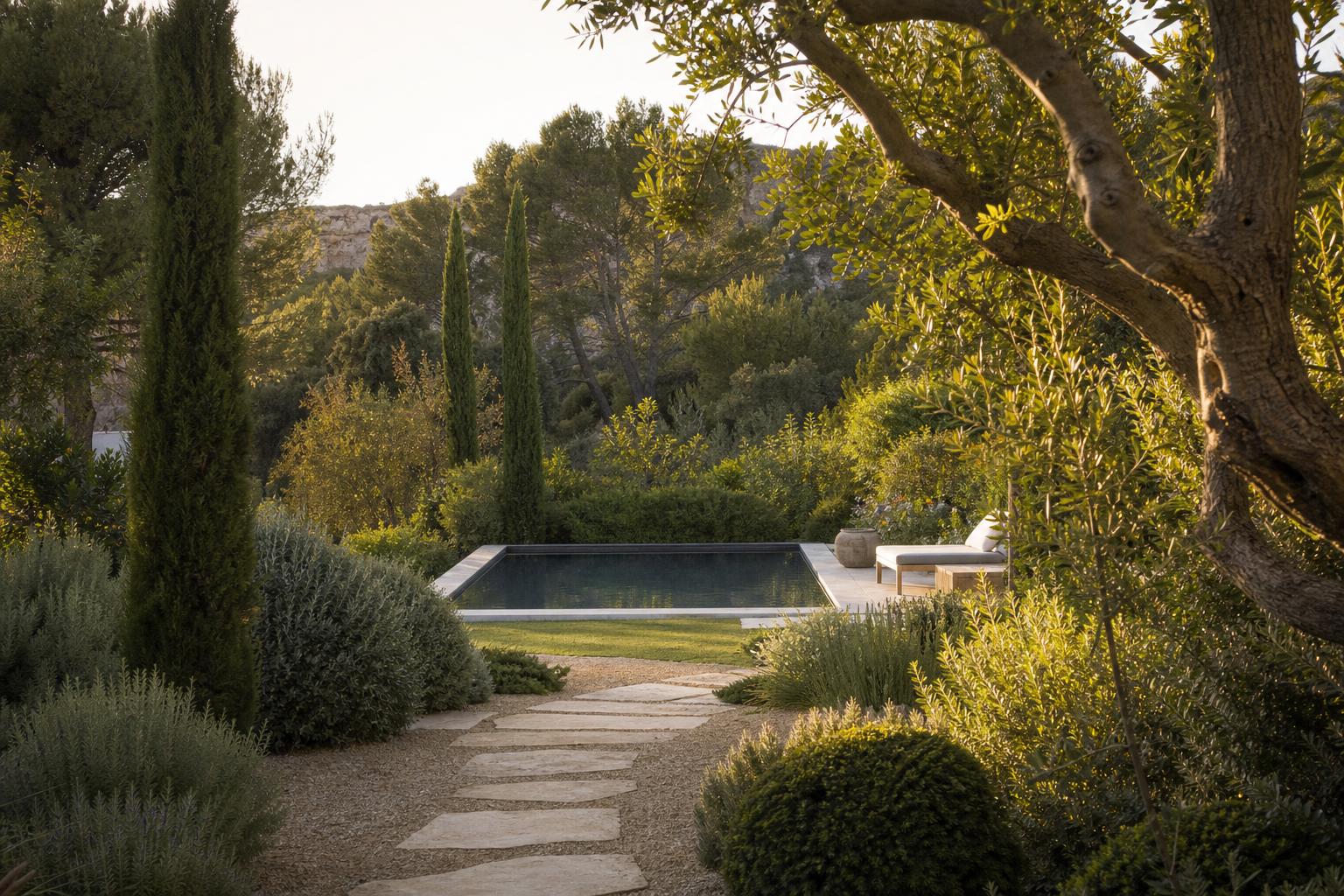 Mini-piscine intégrée dans un jardin paysager des Alpilles avec terrasse et cheminement végétal