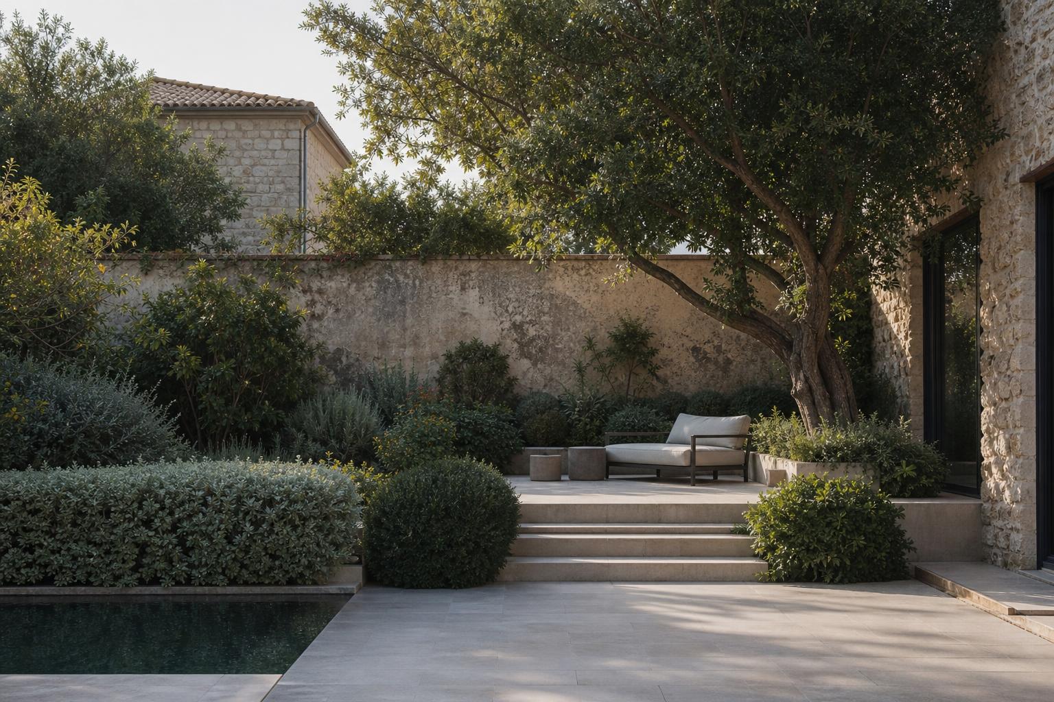 Petit jardin de ville méditerranéen dans les Alpilles avec terrasse sobre et végétation structurée