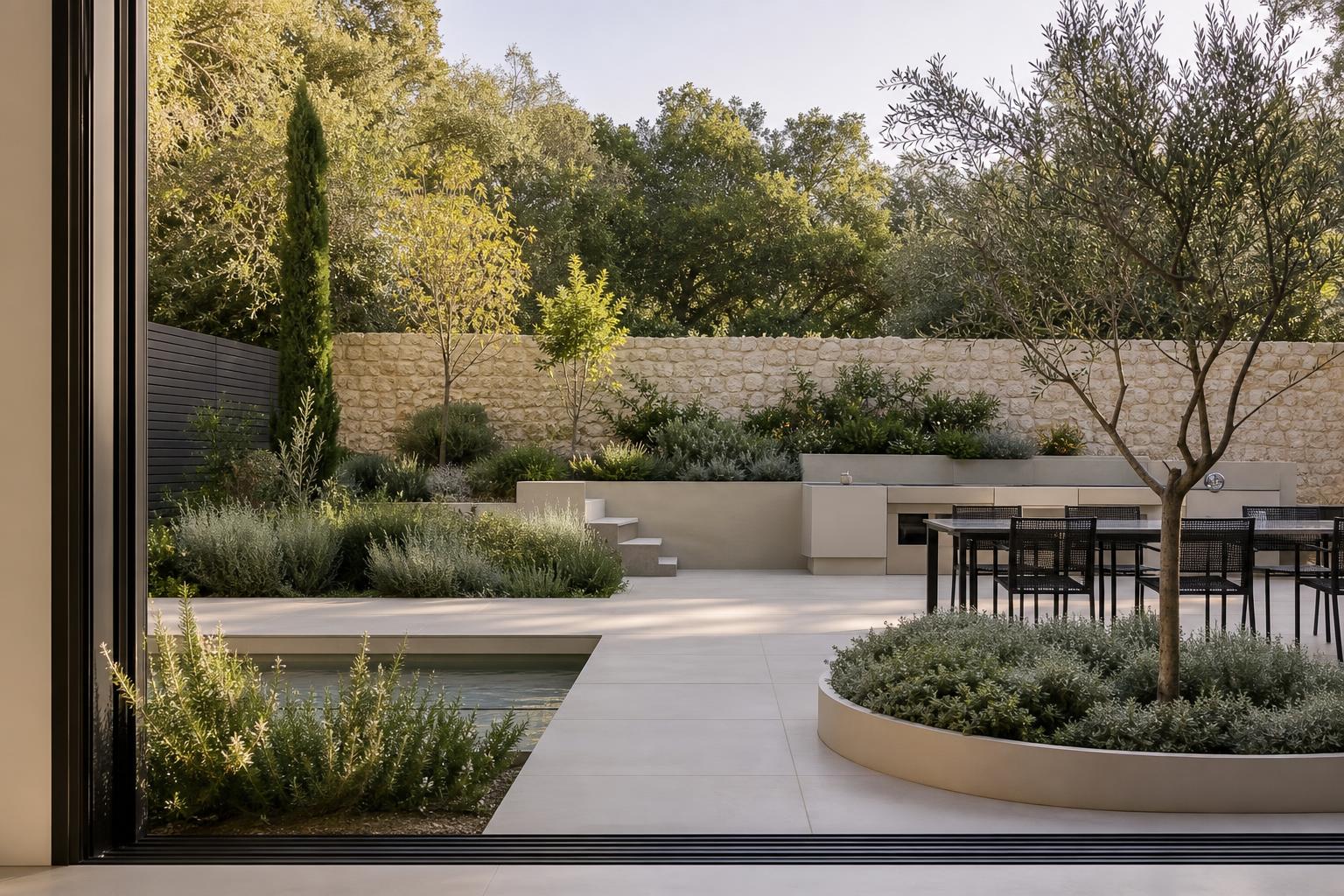Aménagement d’un petit jardin en Provence avec terrasse, végétation et circulation dégagée
