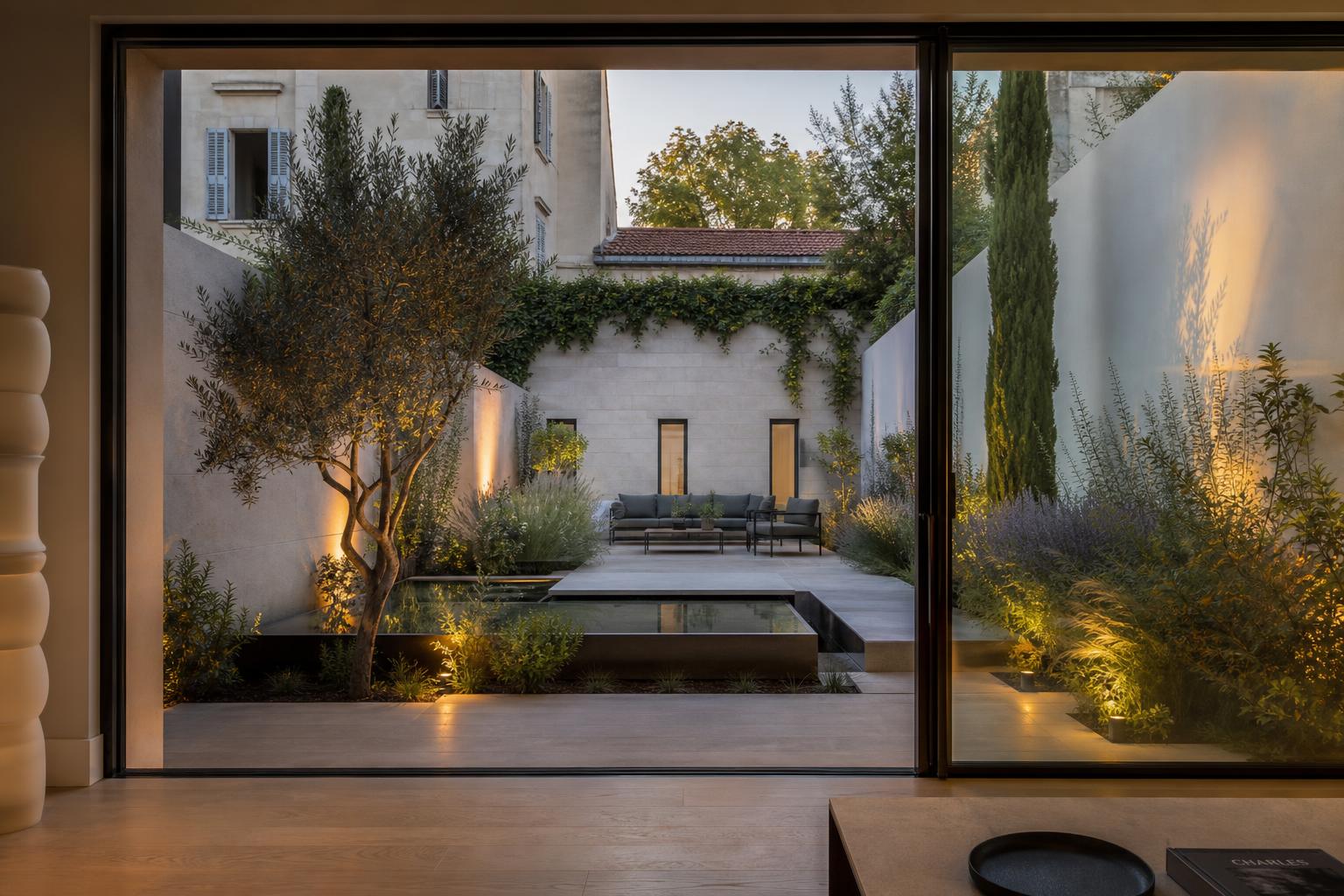 Jardin de ville à Avignon observé depuis une baie vitrée du séjour