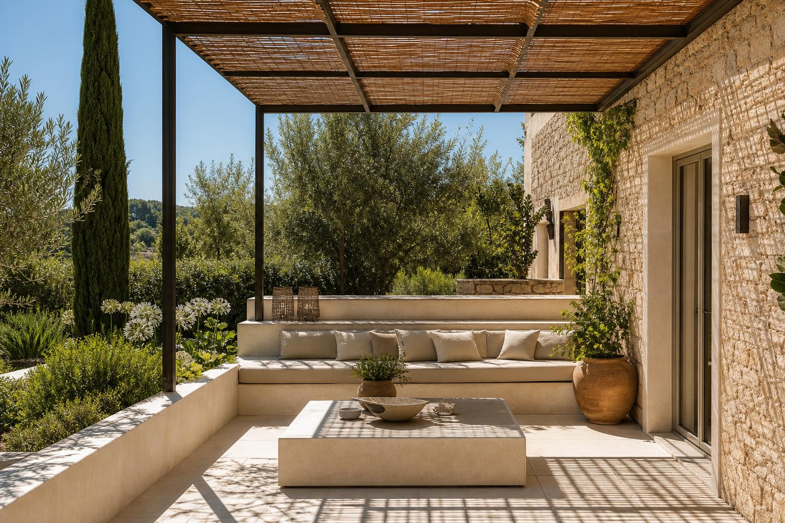 Patio méditerranéen en Provence avec pergola, végétation sobre et terrasse minérale