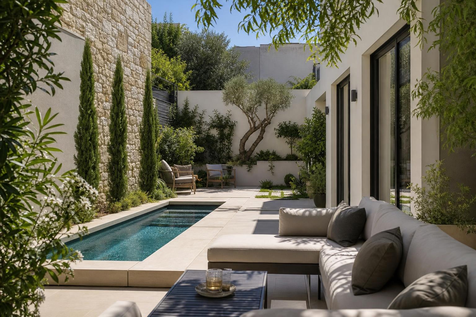 Jardin de ville haut de gamme à Marseille avec terrasse, végétation méditerranéenne et espace de détente