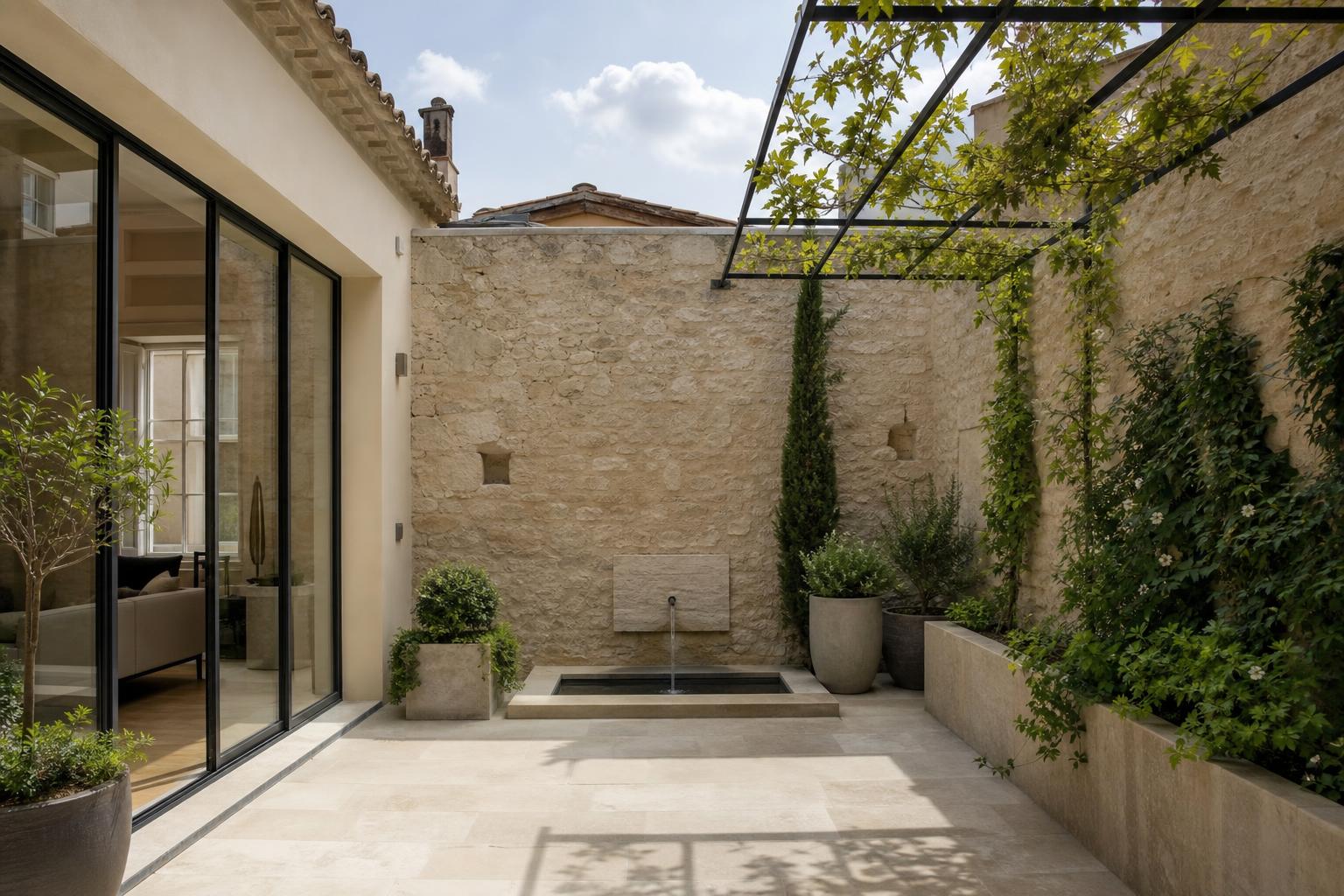 Patio méditerranéen à Avignon avec végétation ciblée et ciel préservé
