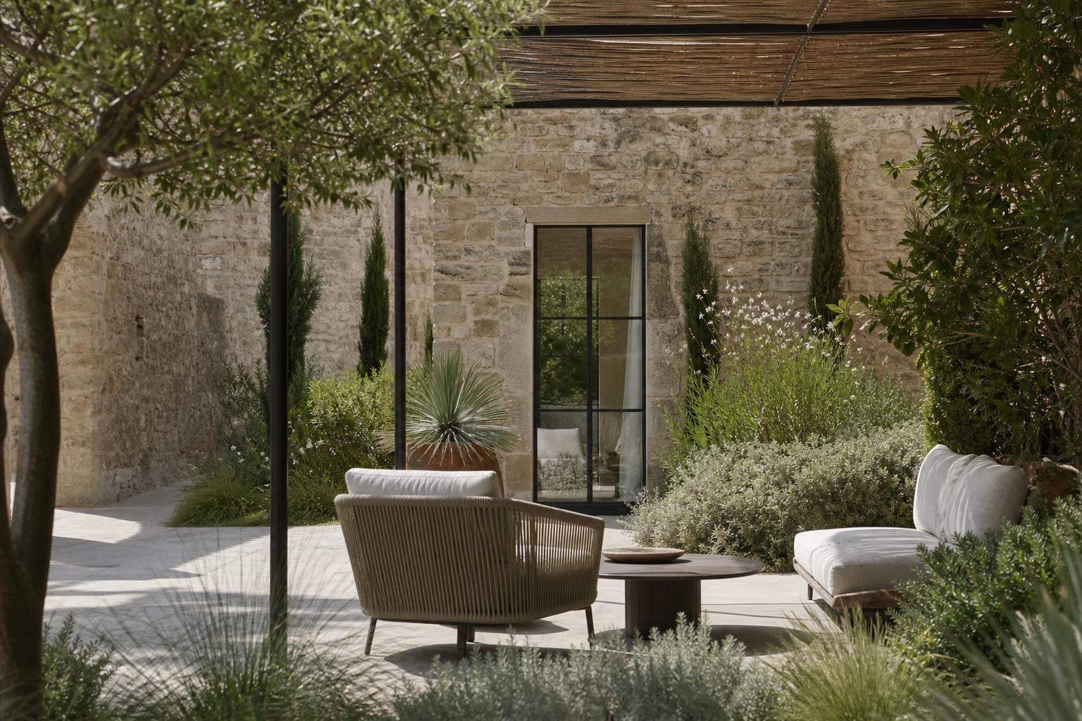 Patio méditerranéen sobre dans les Alpilles avec pierre claire et végétation structurée
