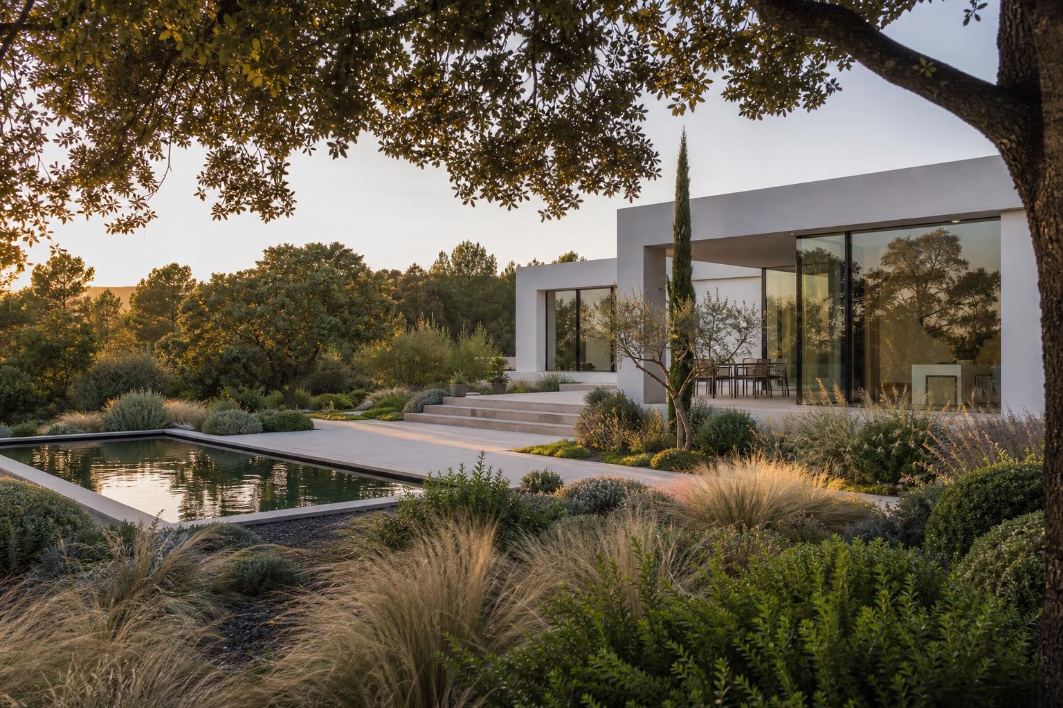 Jardin contemporain dans le Pays d'Aix reliant une maison moderne au paysage méditerranéen