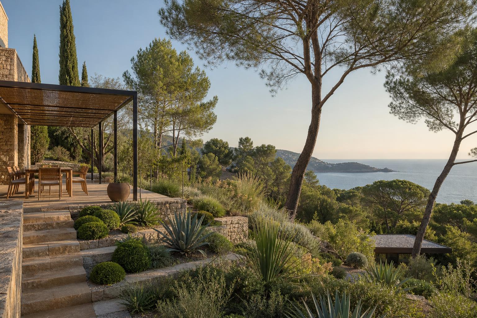 Jardin contemporain dans le Var conçu avec le relief et la végétation méditerranéenne