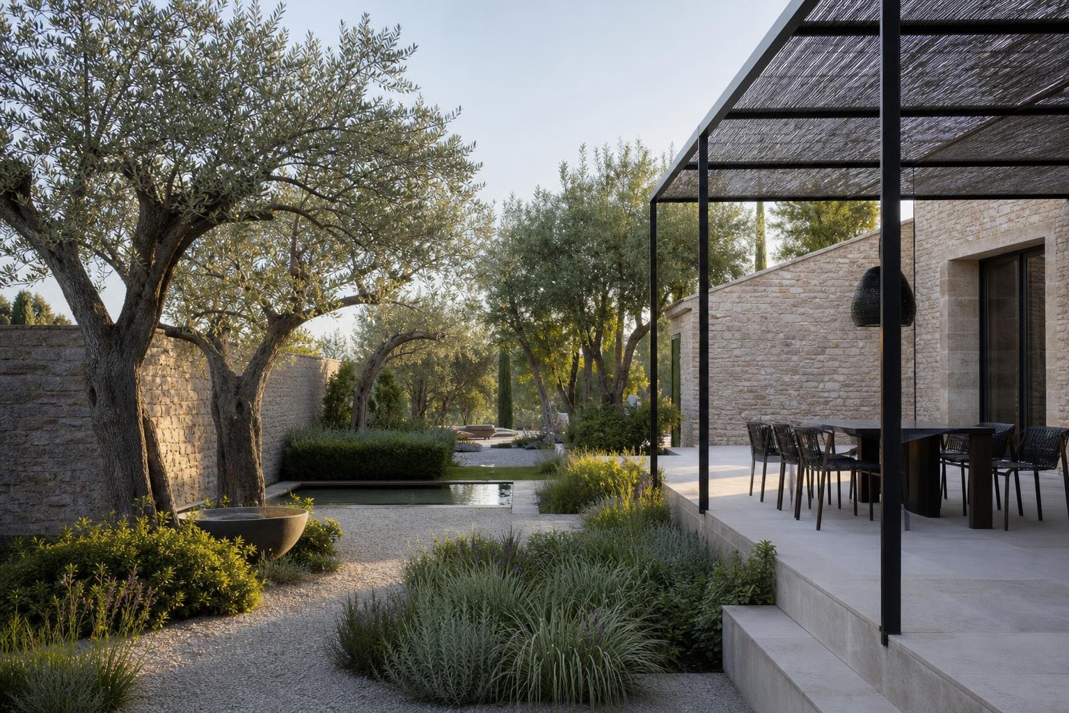 Jardin contemporain dans le Luberon associant oliviers, mur en pierre, terrasse sobre et pergola moderne