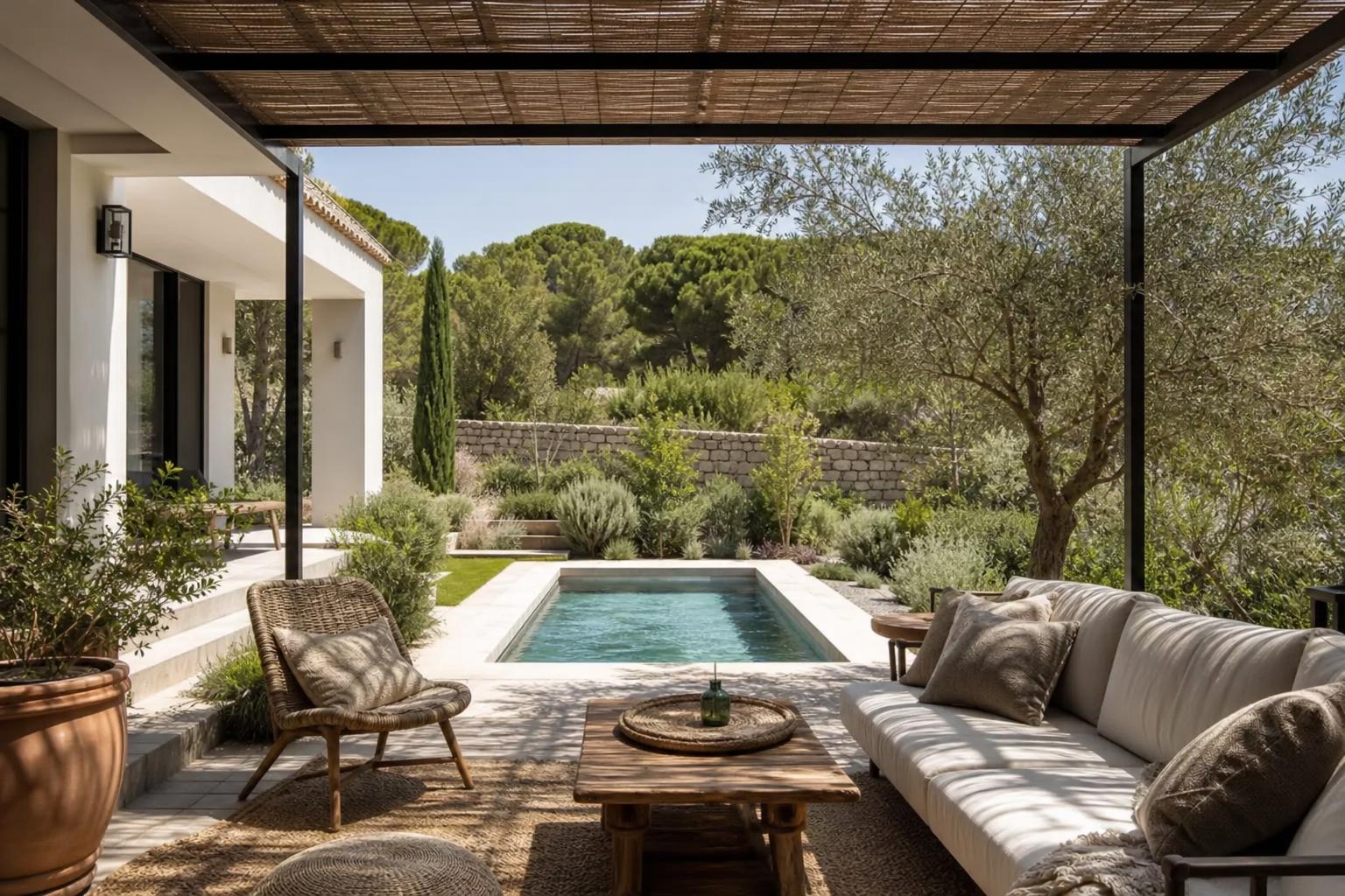 Jardin de ville haut de gamme dans le Var avec terrasse ombragée et végétation méditerranéenne