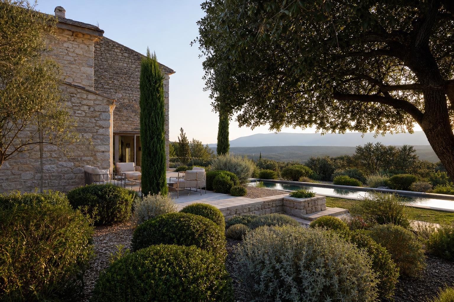 Jardin contemporain en pierre intégré au paysage provençal du Luberon