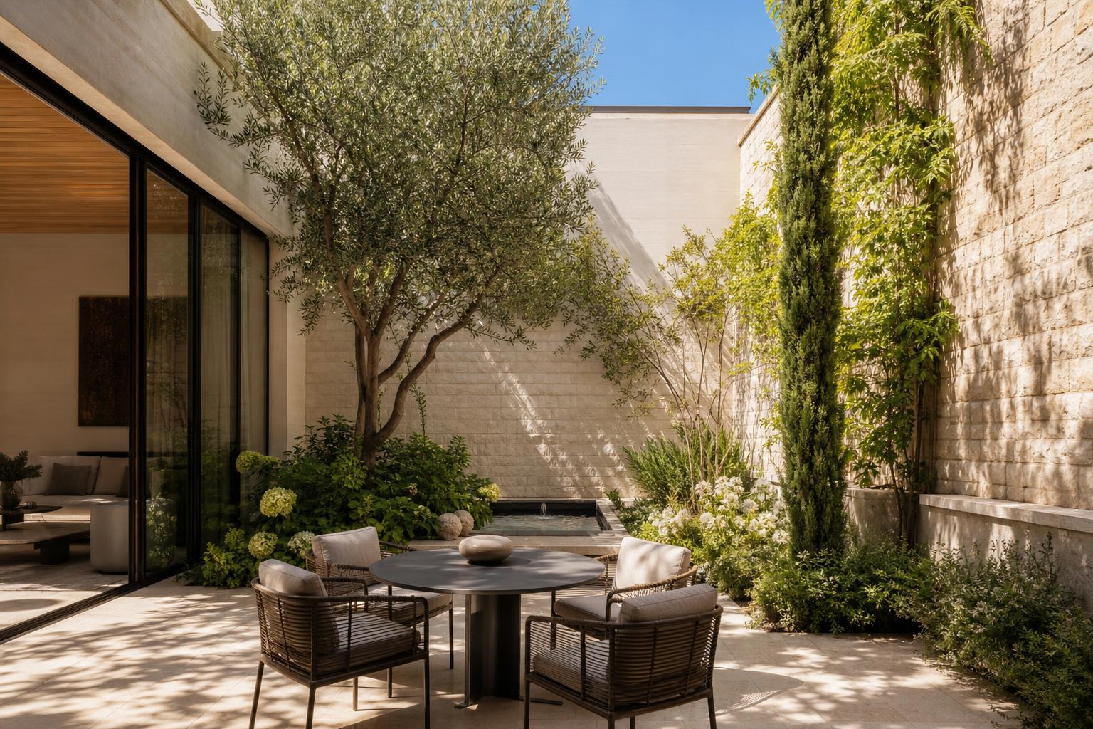 Patio méditerranéen paysager dans une maison du Pays d’Aix