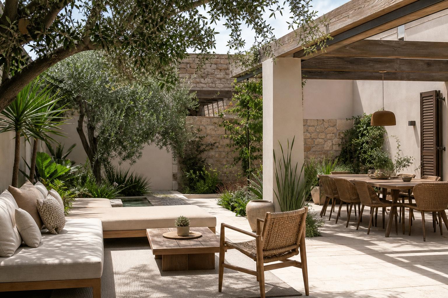 Patio méditerranéen paysager dans le Var avec ombre, végétation et espace repas