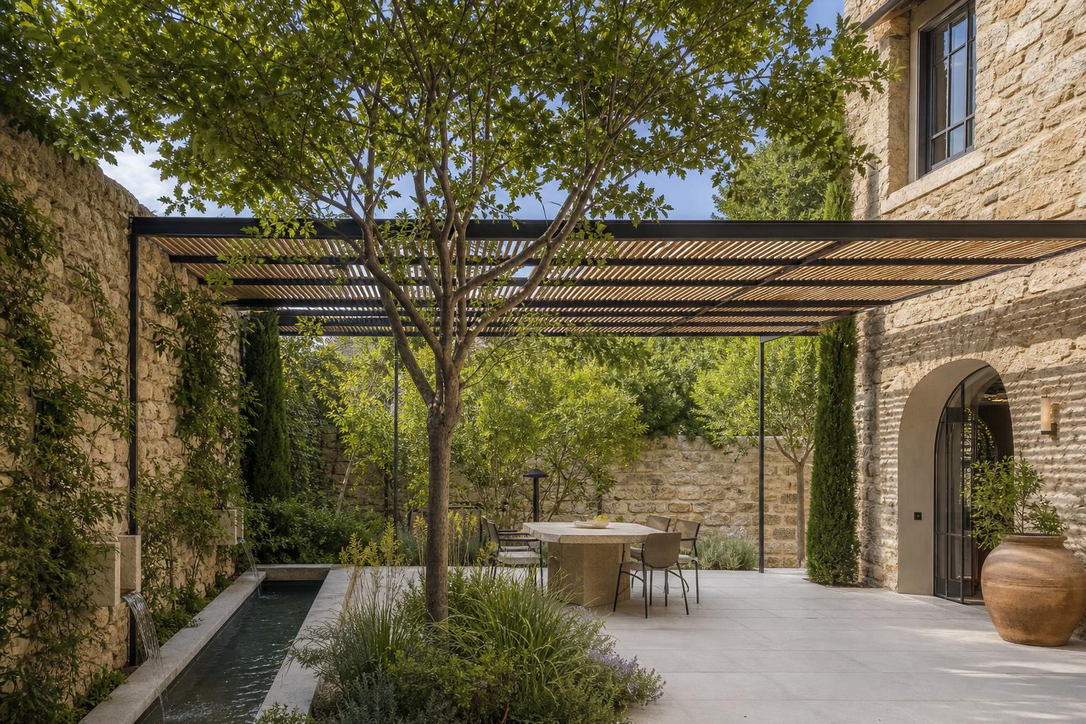 Patio méditerranéen dans le Luberon avec murs en pierre et végétation contemporaine