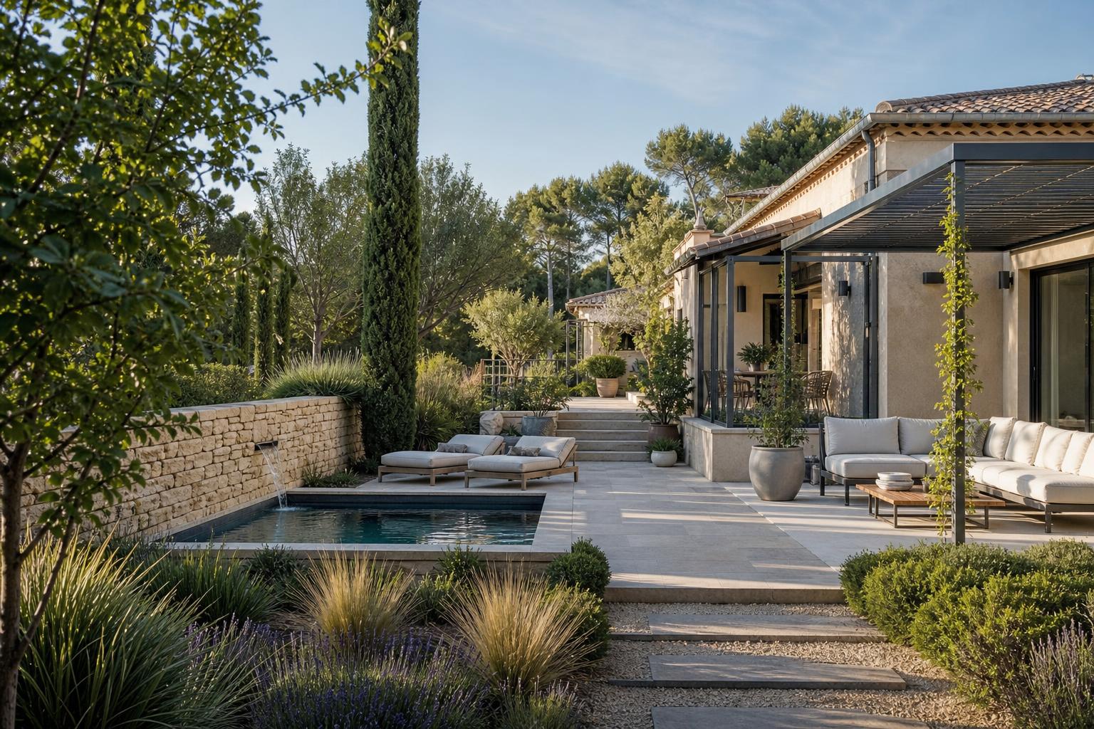 Mini-piscine intégrée dans un jardin méditerranéen contemporain du Pays d’Aix